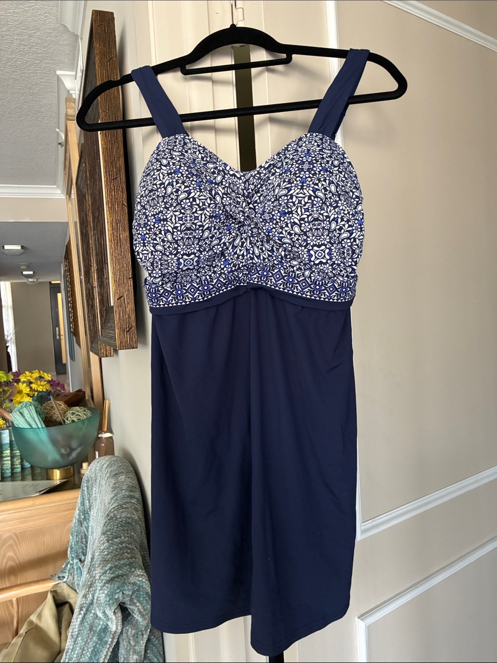 Lands' End Navy Blue & White Faux-Wrap Swimdress